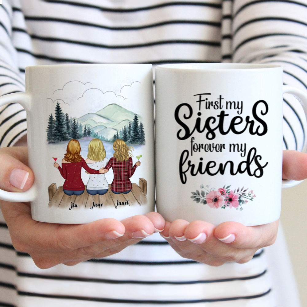 Personalized Mug - Up to 6 Sisters - First my sisters forever my friends (BG mountain 2) - Red