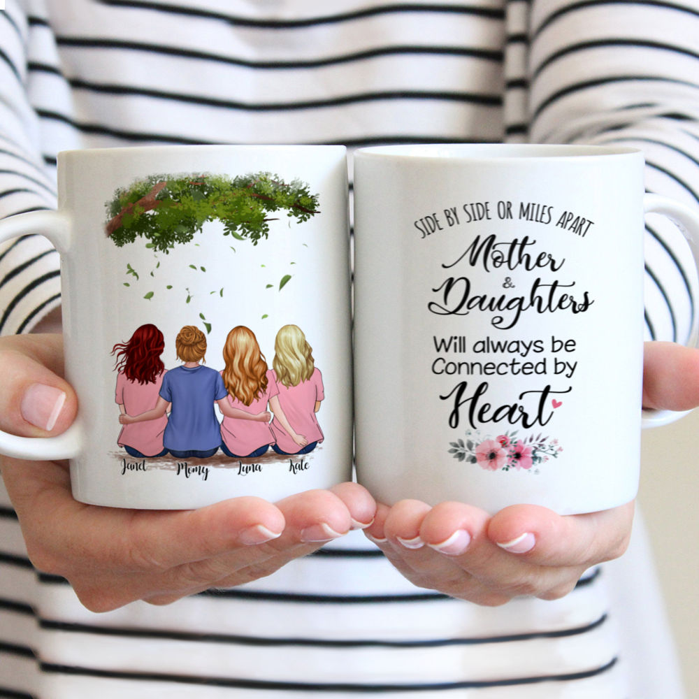 Personalized Mug - Mother & Daughter - Side by side or miles apart, Mother and Daughter will always be connected by heart (Green tree )