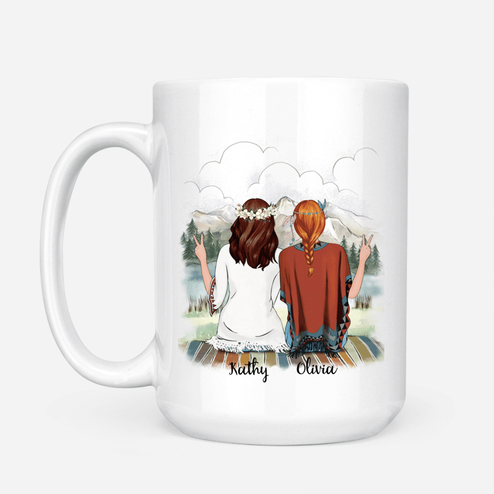 Personalized Mug - Boho Hippie Bohemian Two Girls - Side By Side Or Miles Apart Sisters Will Always Be Connected By The Heart_1