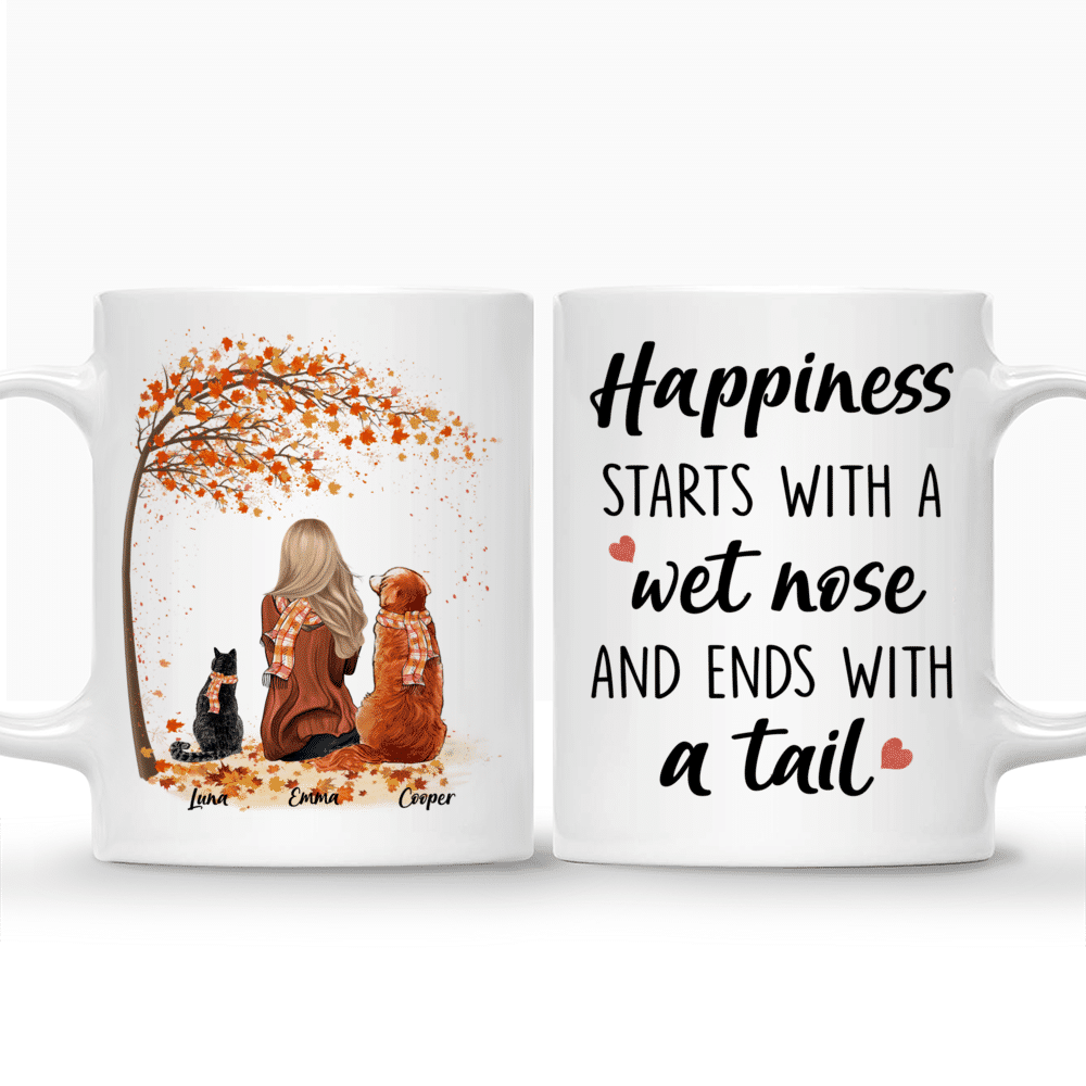 Girl and Dogs and Cats Autumn - Happiness Starts With A Wet Nose And Ends With A Tail - Personalized Mug_3