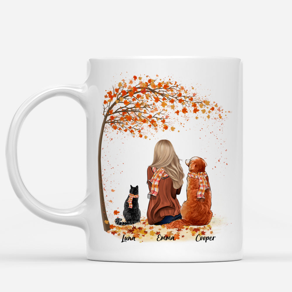 Personalized Mug - Girl and Dogs and Cats Autumn - Happiness Starts With A Wet Nose And Ends With A Tail_1