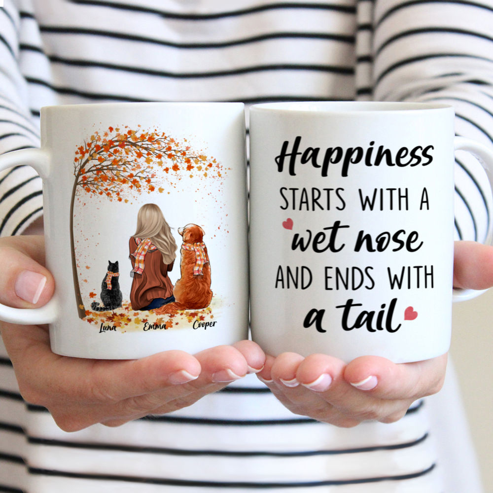 Personalized Mug - Girl and Dogs and Cats Autumn - Happiness Starts With A Wet Nose And Ends With A Tail