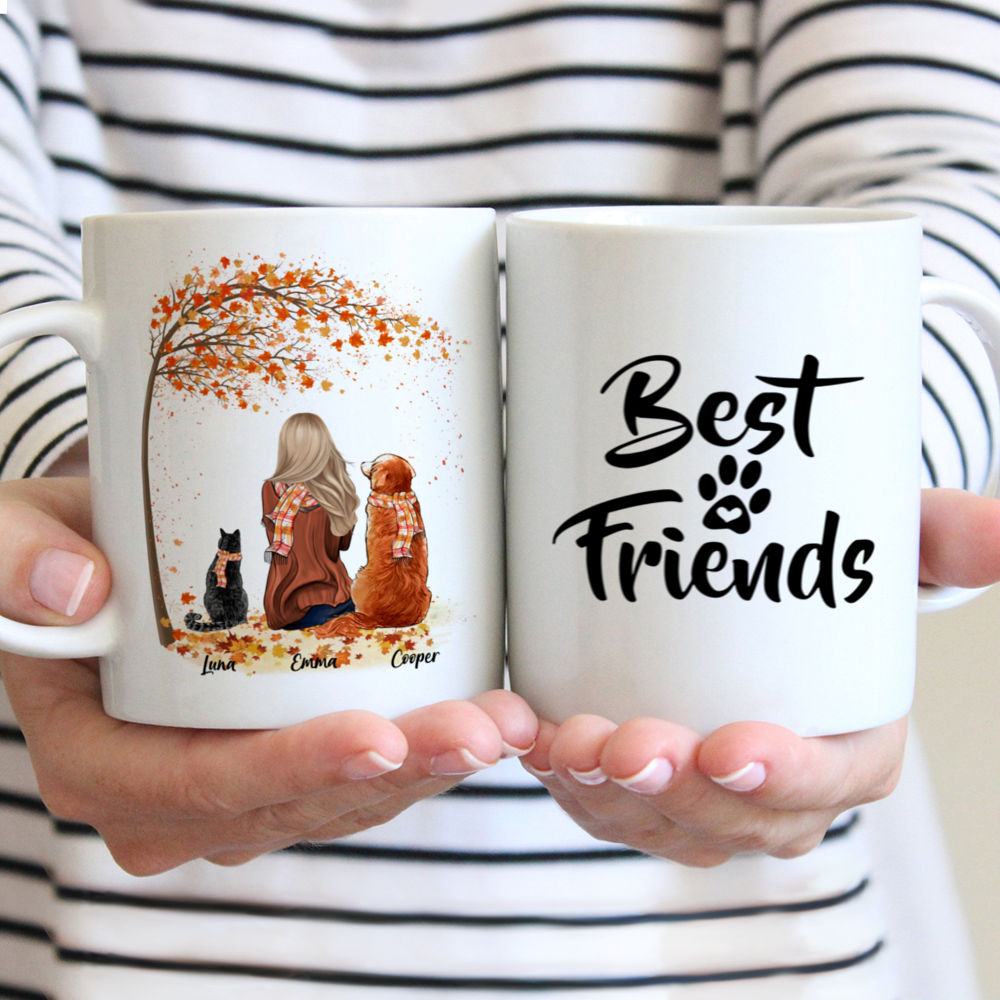 Personalized Mug - Girl and Dogs and Cats Autumn - Best Friends