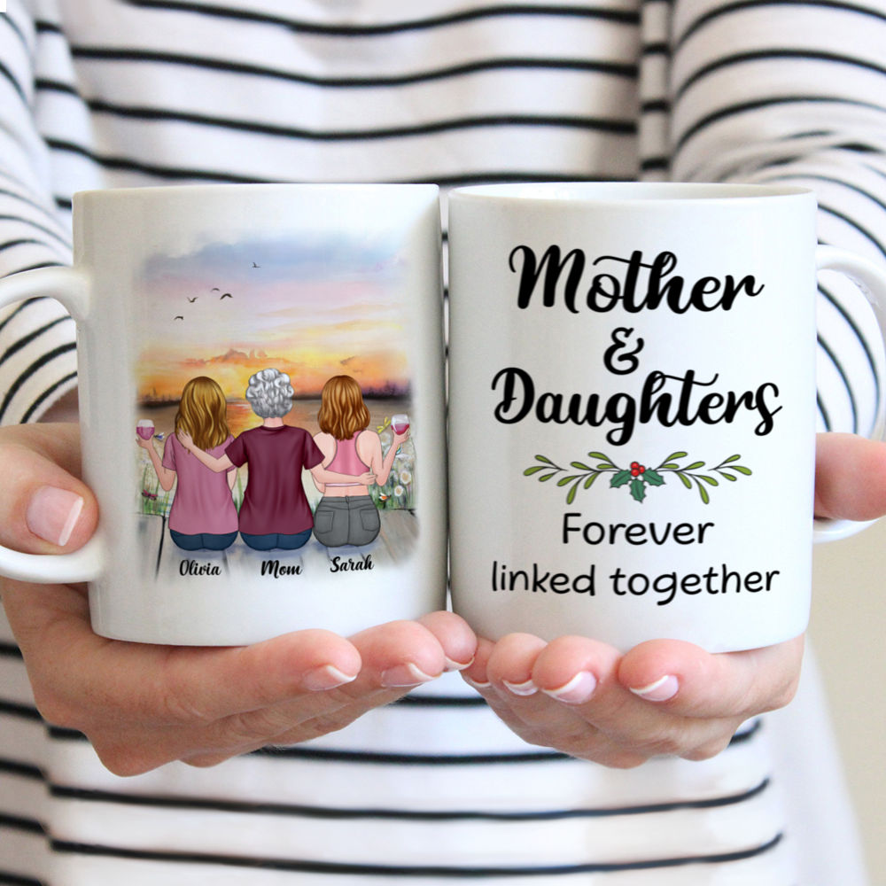 Personalized Mug - Mother & Children - Sunset - Mother And Daughters Forever Linked Together