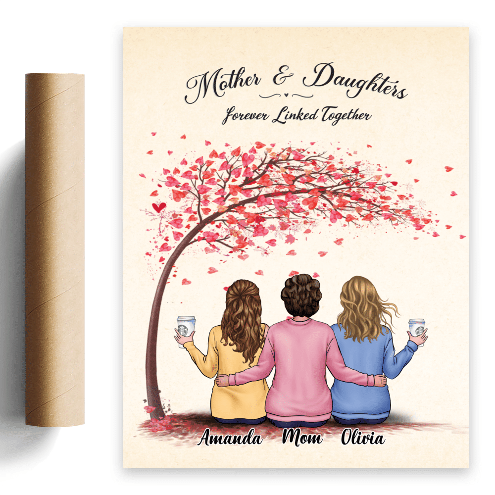 Love Tree Vintage Poster - Mother & Daughters Forever Linked Together - Personalized Poster