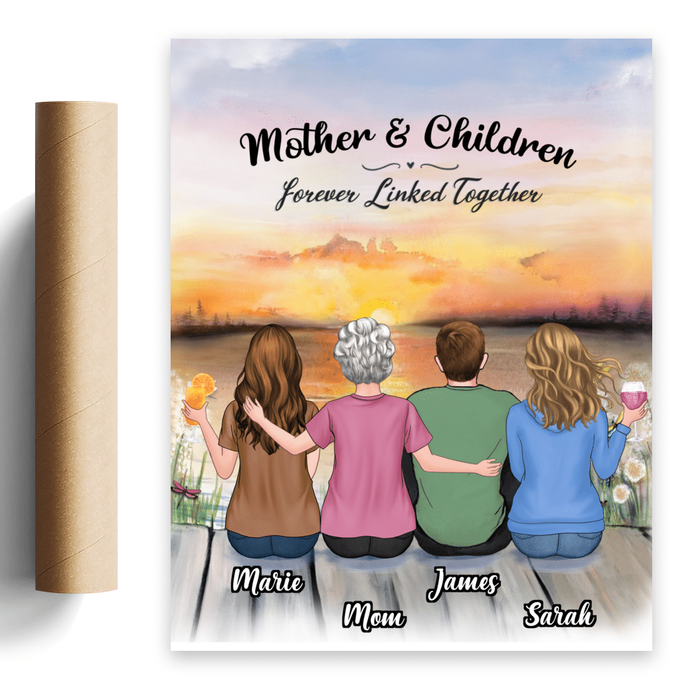 Personalized Poster - Mother's Day Poster - Sunset - Mother And Children Forever Linked Together