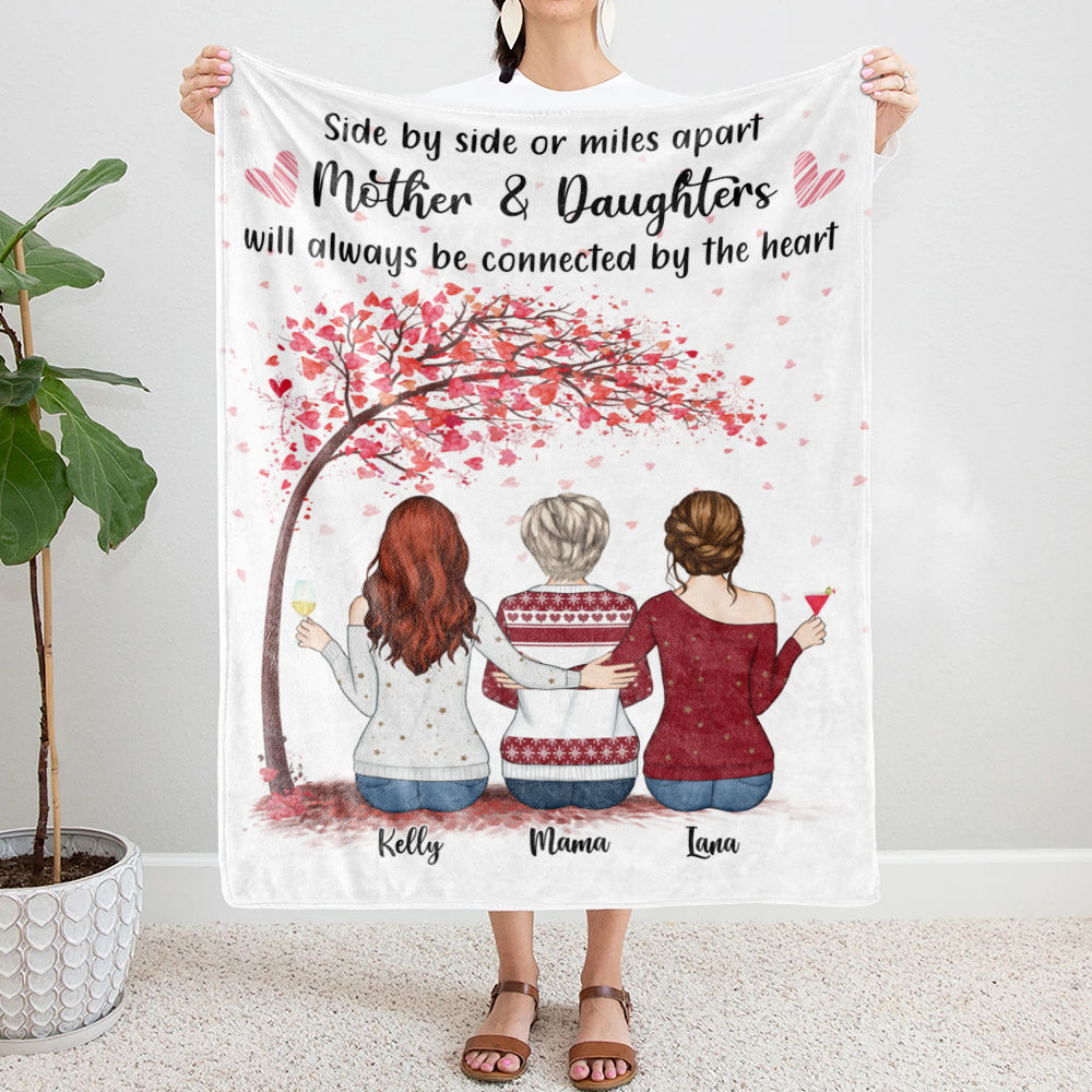 Daughter and Mother Blanket - Side by side or miles apart, Mother and Daughters will always be connected by heart (Black) - Personalized Blanket