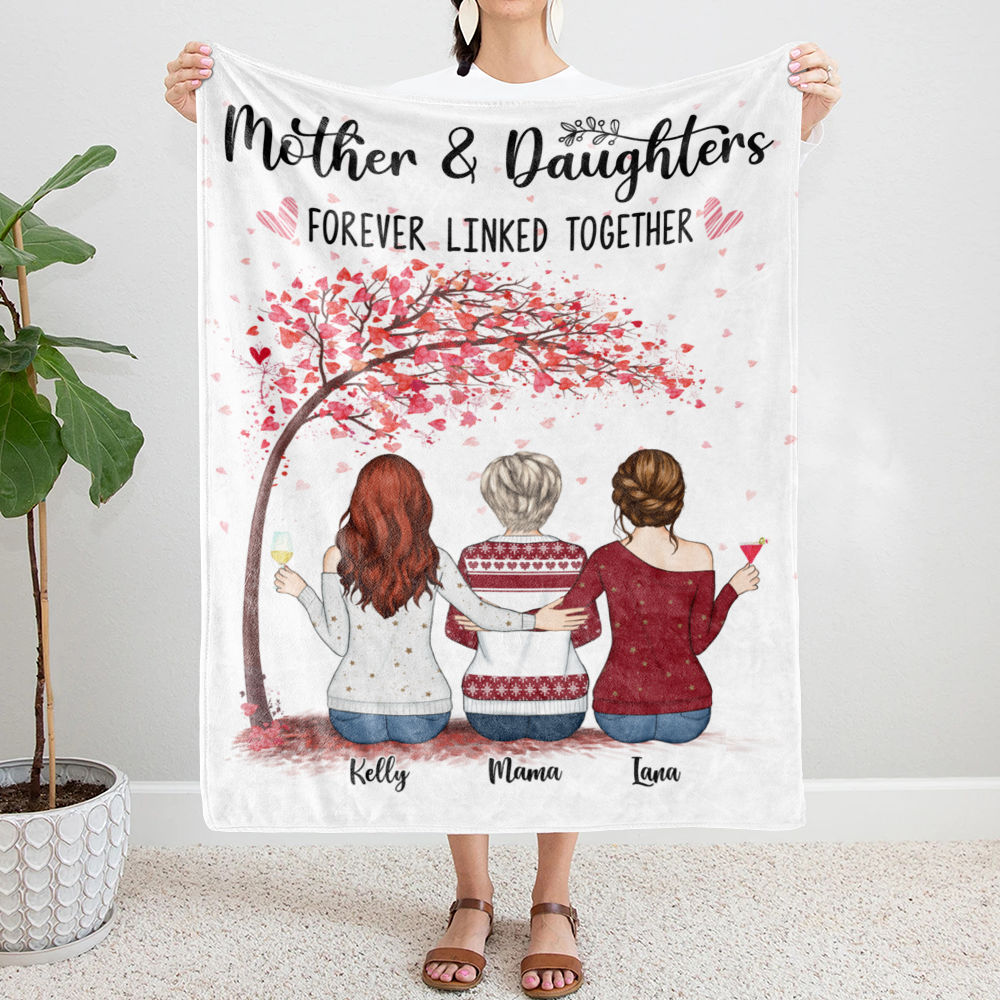 Personalized Blanket - Daughter and Mother Blanket - Mother And Daughters Forever Linked Together (Black)