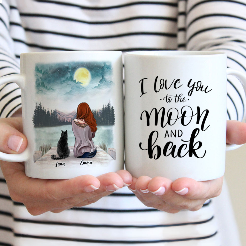 Custom Coffee Mug - Girl and Cats - I Love You To The Moon and Back