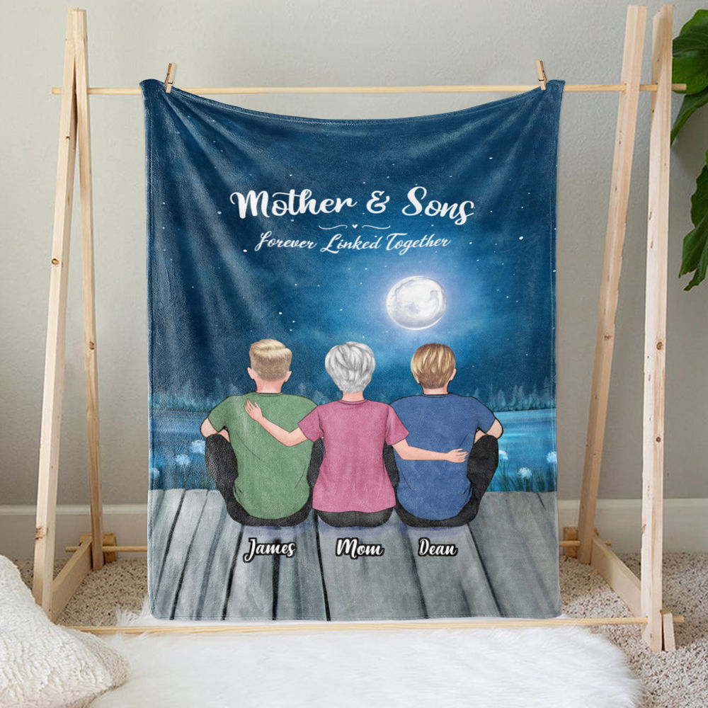 Personalized Blanket - Mother's Day Blanket - Moon - Mother And Sons Forever Linked Together - Birthday Gift, Mother's Day Gift For Mom, Wife_1