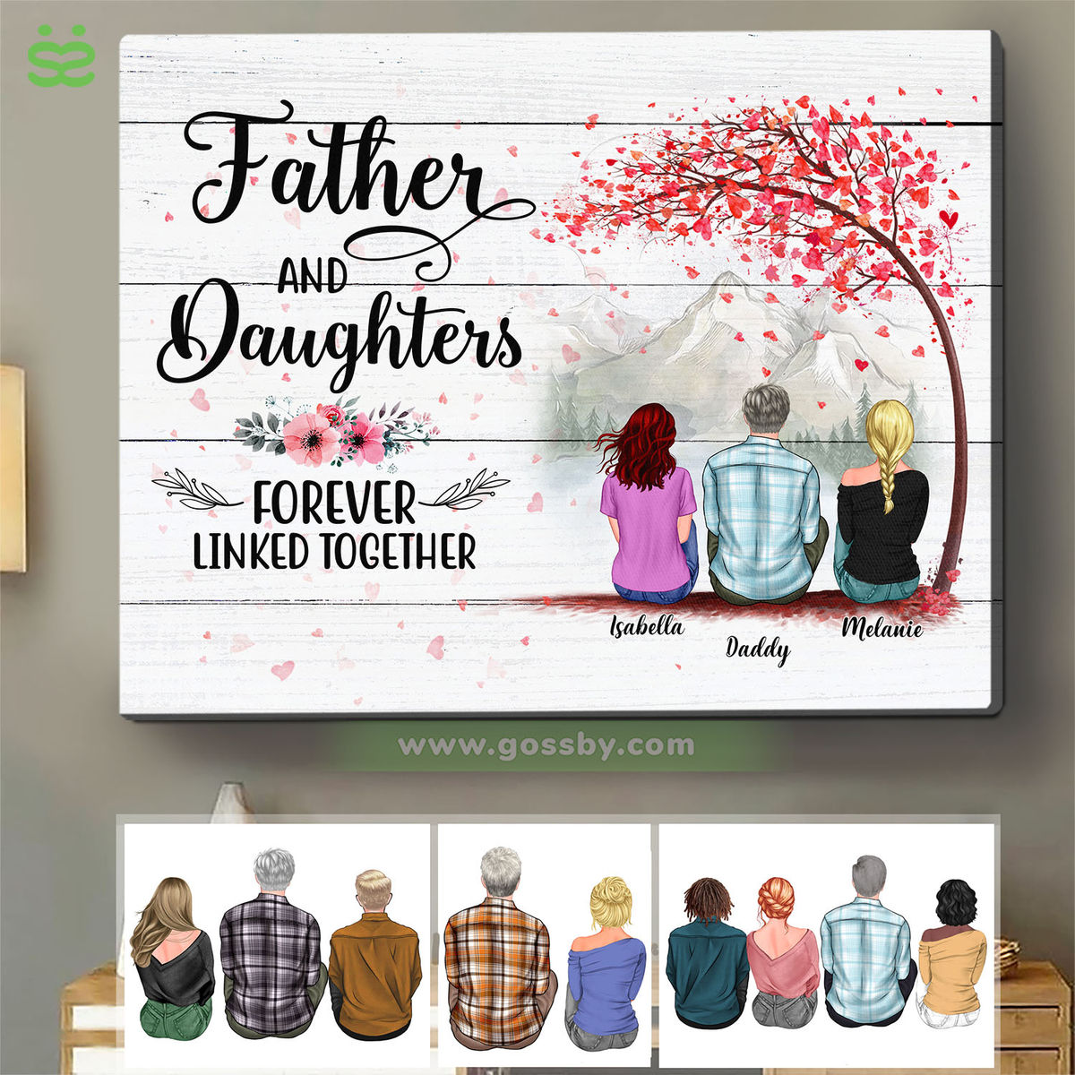 Father's Day - Father & Daughters Forever Linked Together - White Wooden Canvas - 2D - Personalized Wrapped Canvas