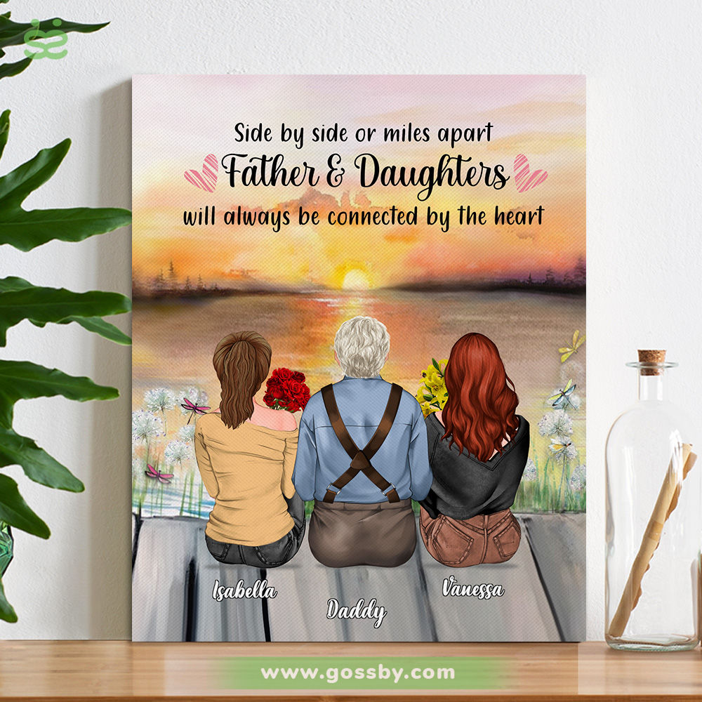 Personalized Wrapped Canvas - Father's Day - Side By Side Or Miles Apart Father And Daughters Will Always Be Connected By The Heart (Sunset)