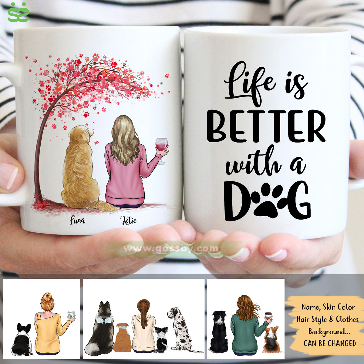 Personalized Girl and Dogs Mug - Life Is Better With A Dog (Paws)