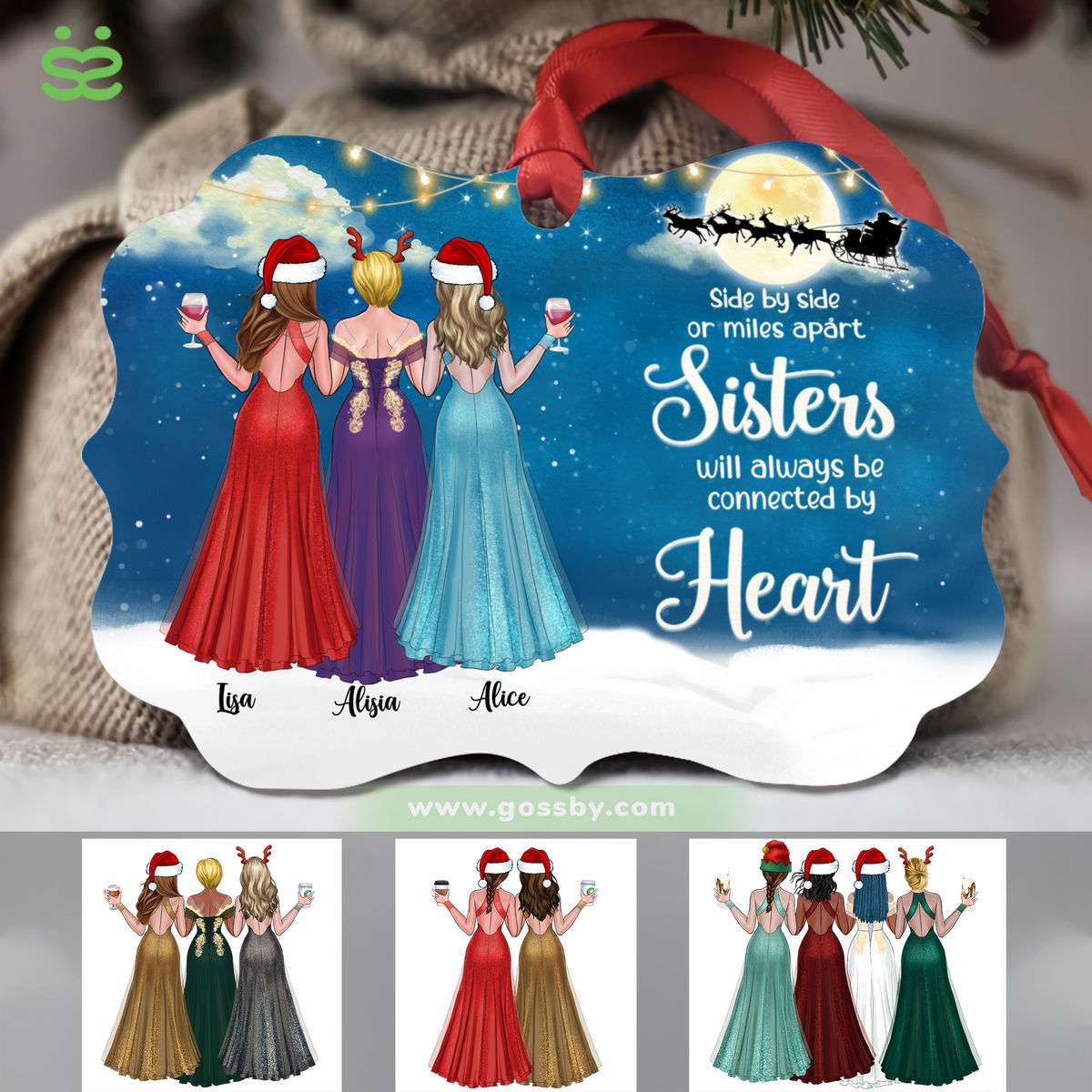 Personalized Ornament - Sisters - Side by side or miles apart, Sisters will always be connected by heart (5442)