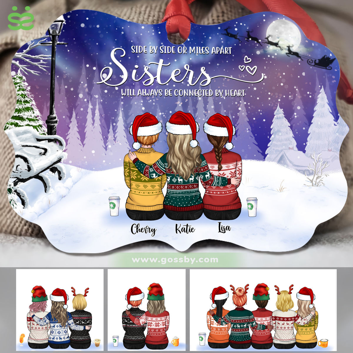 Personalized Ornament - Sisters - Side by side or miles apart, Sisters will always be connected by heart (5428)