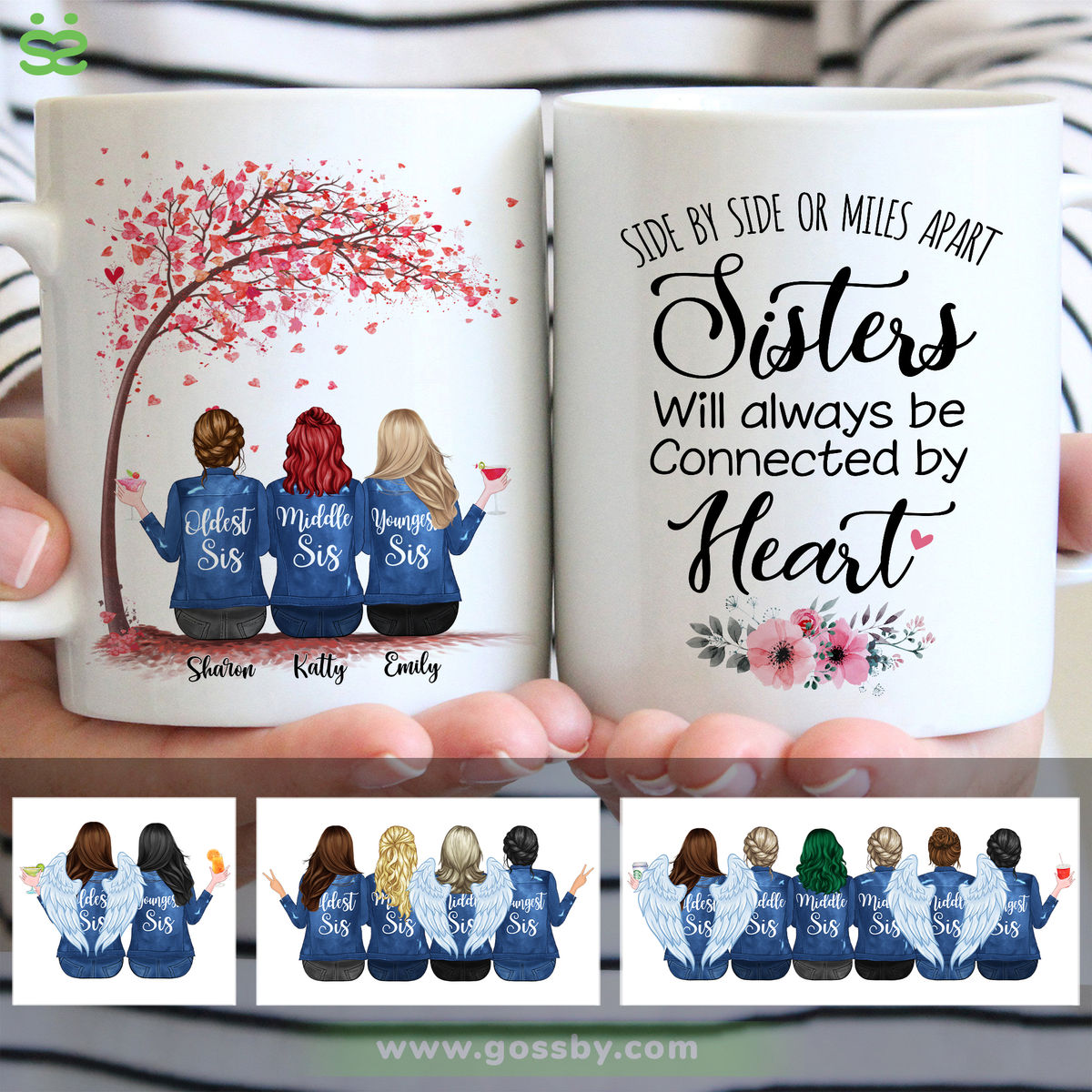 Personalized Mug - Sisters - Side by side or miles apart, Sisters will always be connected by heart (6227)