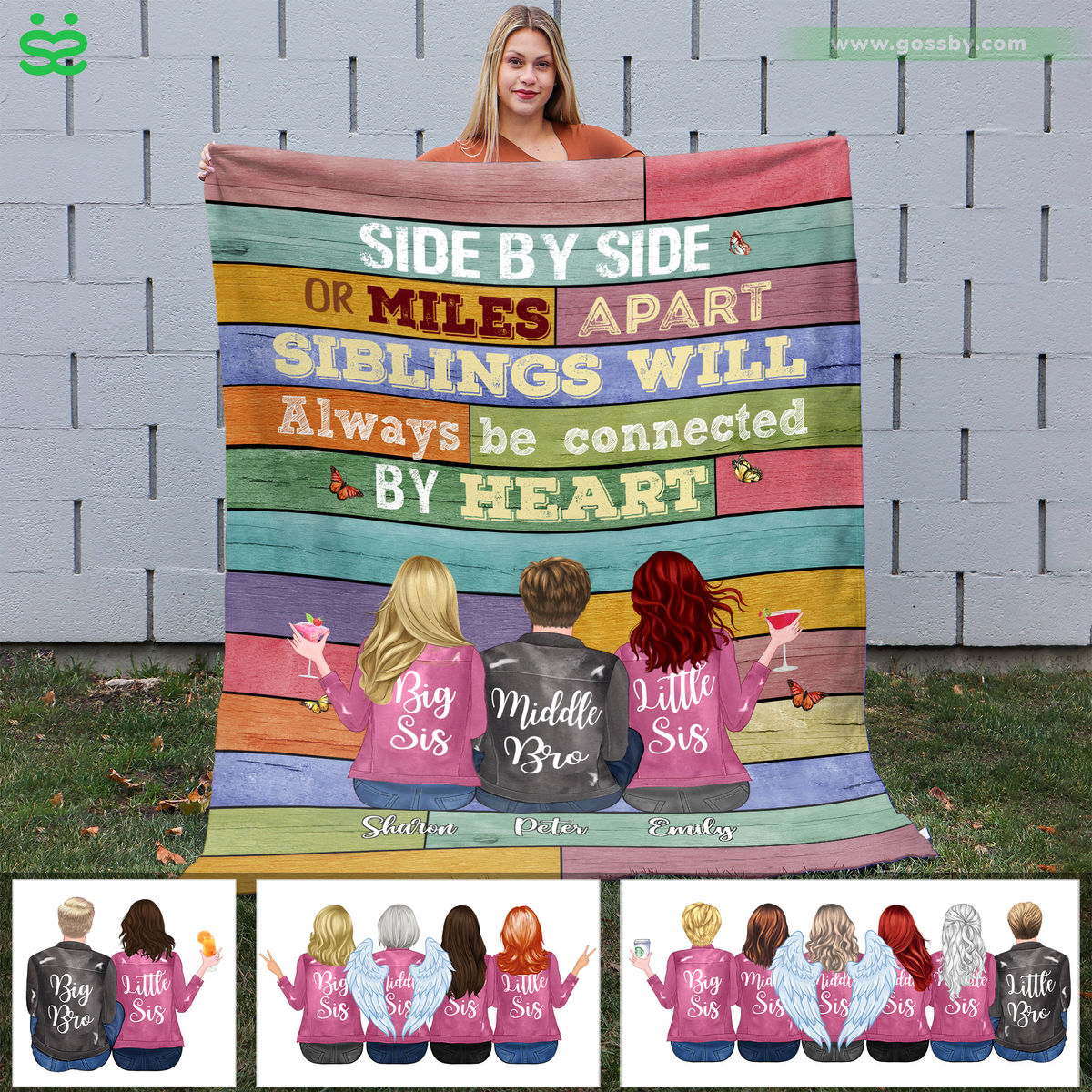 Personalized Blanket - Up to 6 Siblings - Side by side or miles apart, Siblings will always be connected by heart (6361)