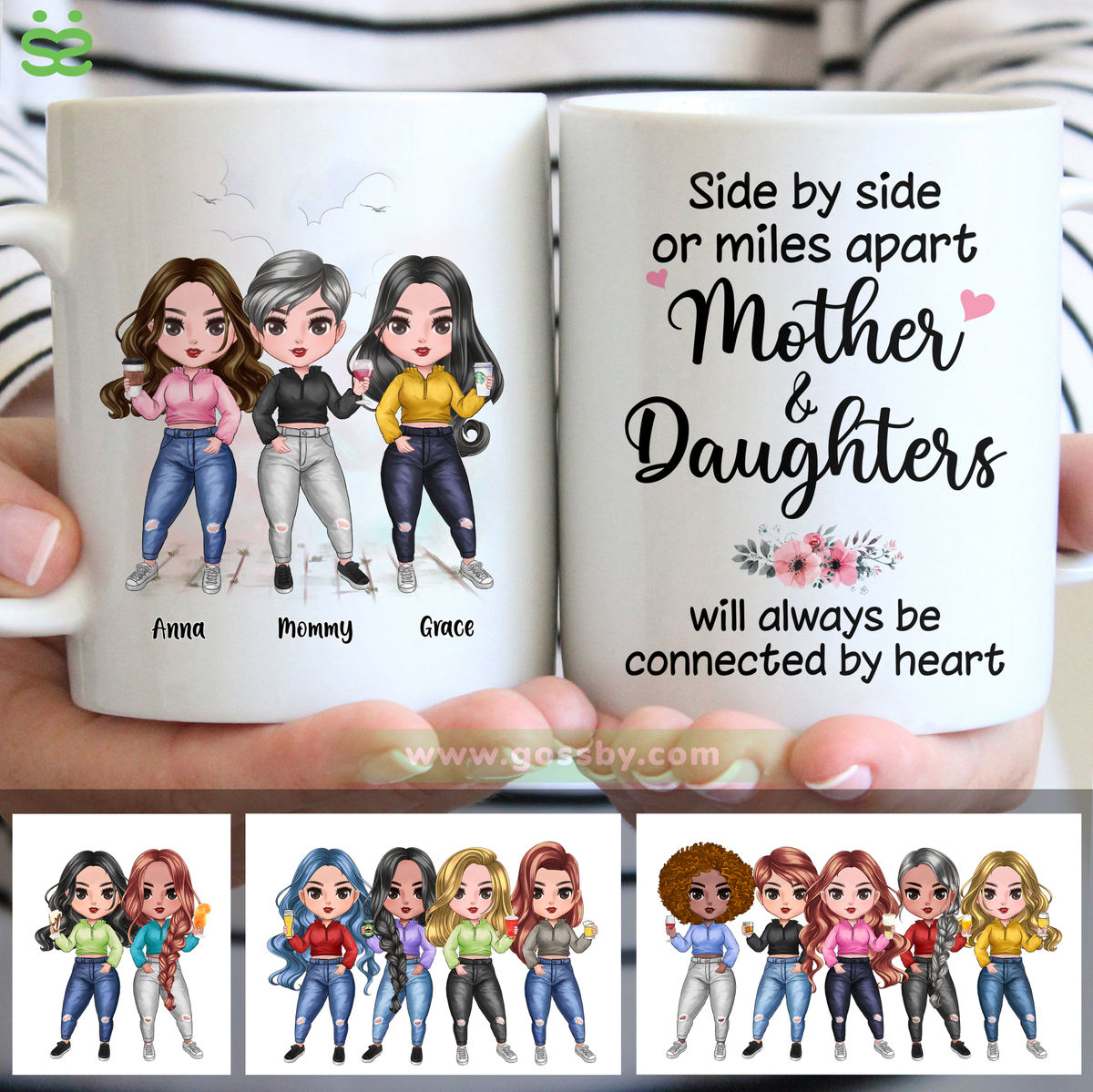 Mother & Daughters - Side By Side Or Miles Apart, Mother & Daughters Will Always Be Connected By Heart (6442) - Personalized Mug