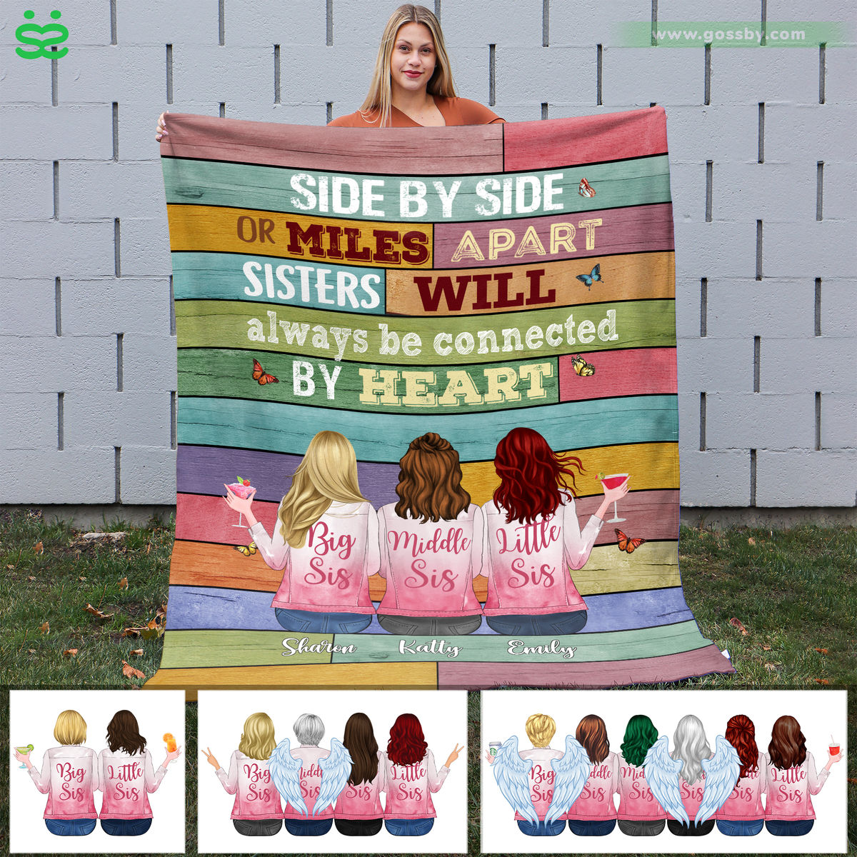 Personalized Blanket - Up to 6 Sisters - Side by side or miles apart, Sisters will always be connected by heart (6836)