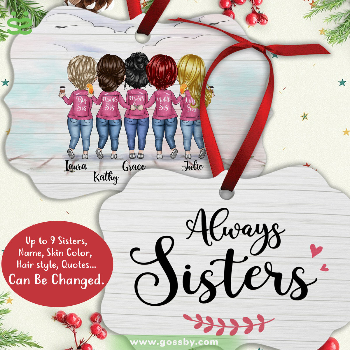 Personalized Ornament - Up to 9 Sisters - Always Sisters (8279)