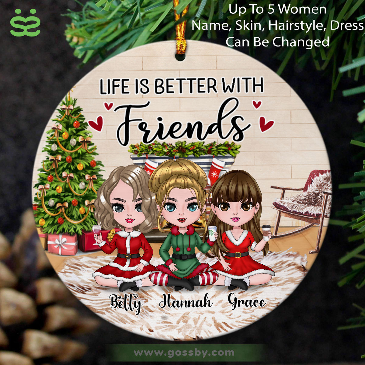 Xmas Circle Ornament - Life Is Better With Friends (8843) - Personalized Ornament