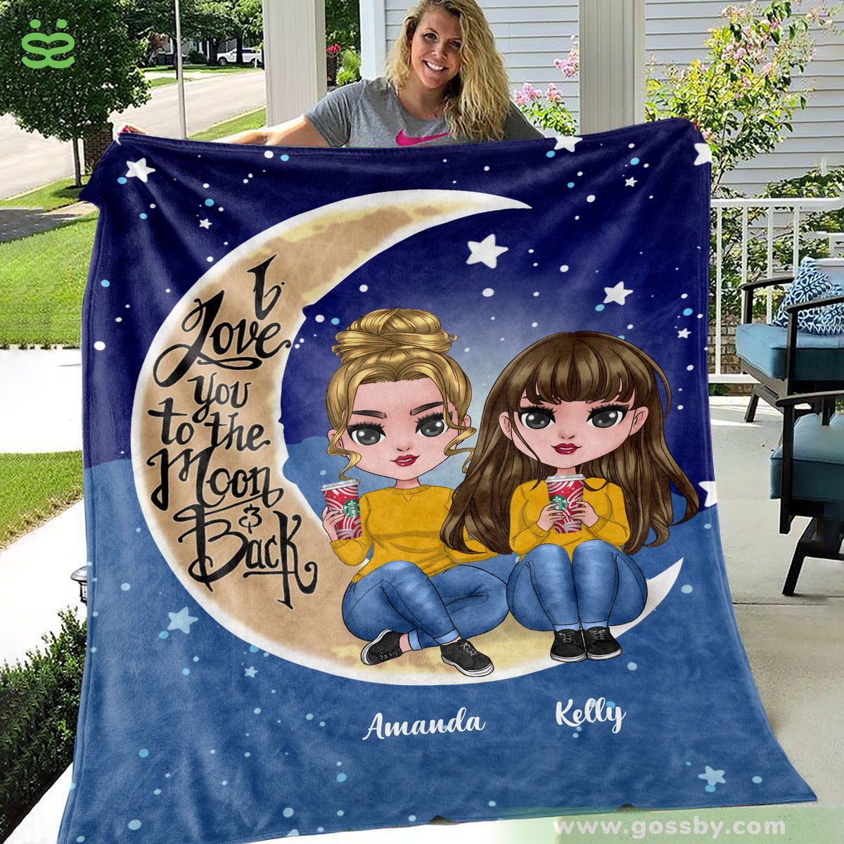 Personalized Blanket - Chibi Doll Blanket - I Love You To The Moon And Back - Up to 3 Ladies