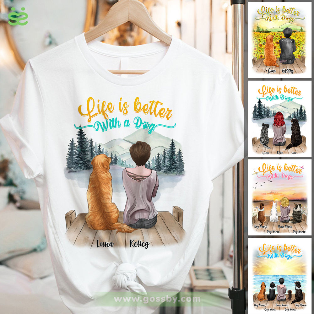 Gossby Personalized Classic Tee White S - Dog Lover Gifts - Girl and Dogs - Life Is Better with Dogs (t) - Custom T Shirts