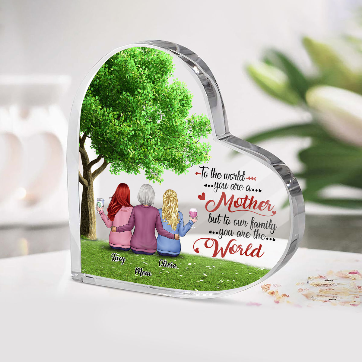 Personalized Desktop - Semitest - Transparent Plaque - To the world you are a mother but to our family you are the world (Custom Heart - Shaped Acrylic Plaque)_1