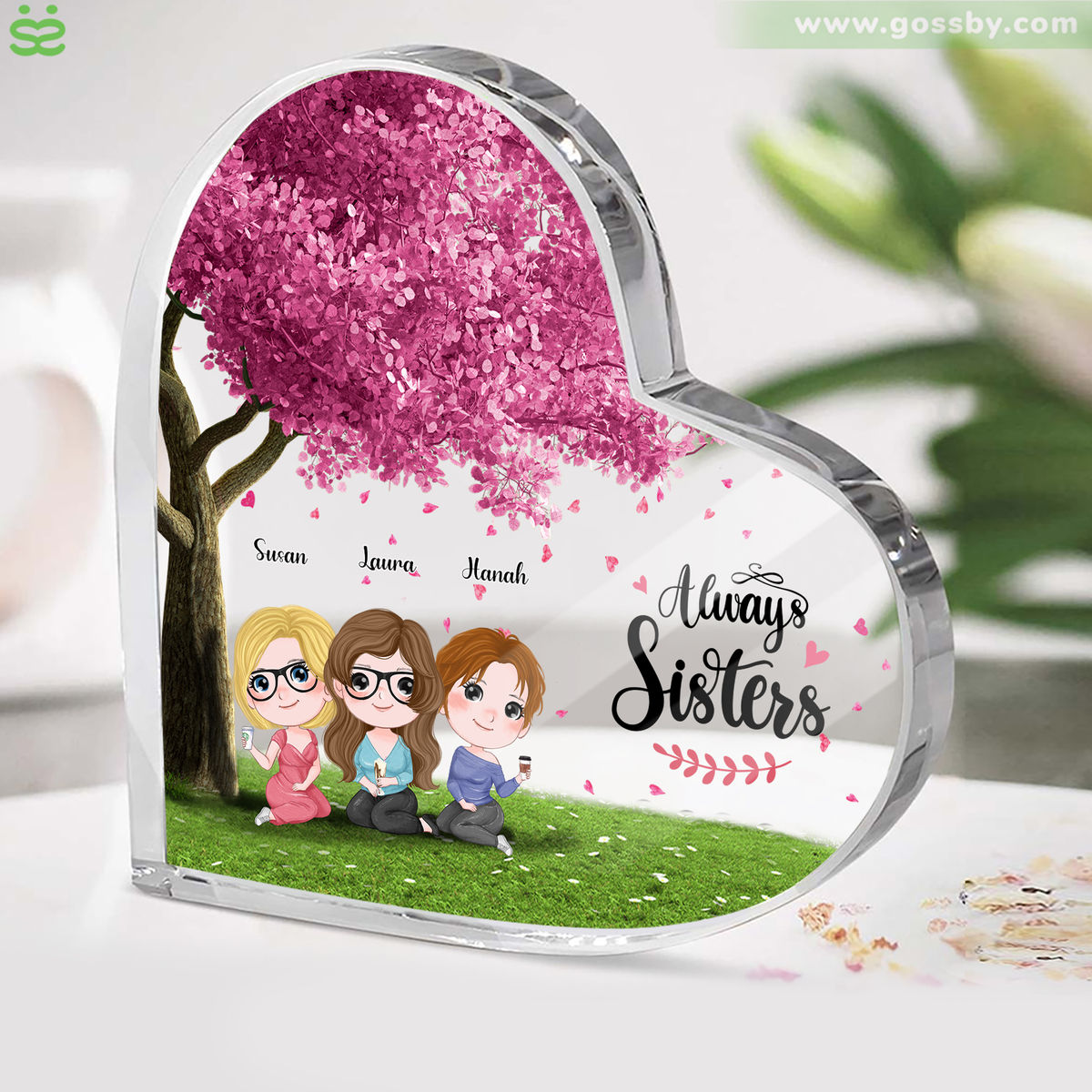 Personalized Desktop - Transparent Plaque - Sisters/ Best Friends Gifts - Chibi Girls - Always Sisters (Custom Heart-Shaped Acrylic Plaque)