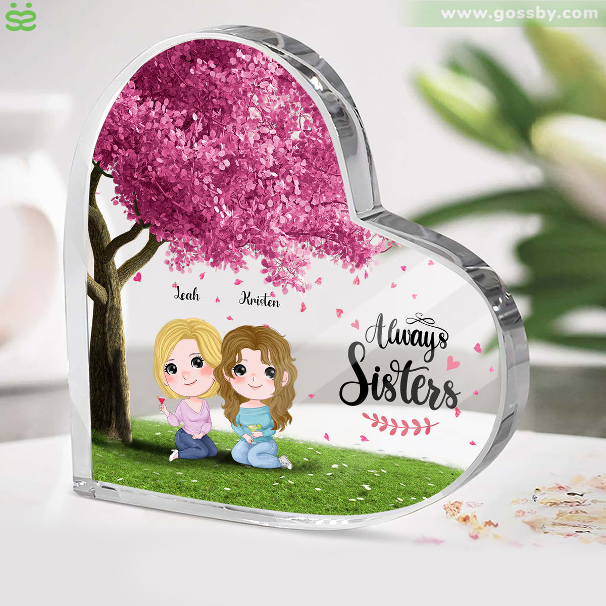 Personalized Desktop - Transparent Plaque - Sisters/ Best Friends Gifts - Chibi Girls - Always Sisters (Custom Heart-Shaped Acrylic Plaque)_1