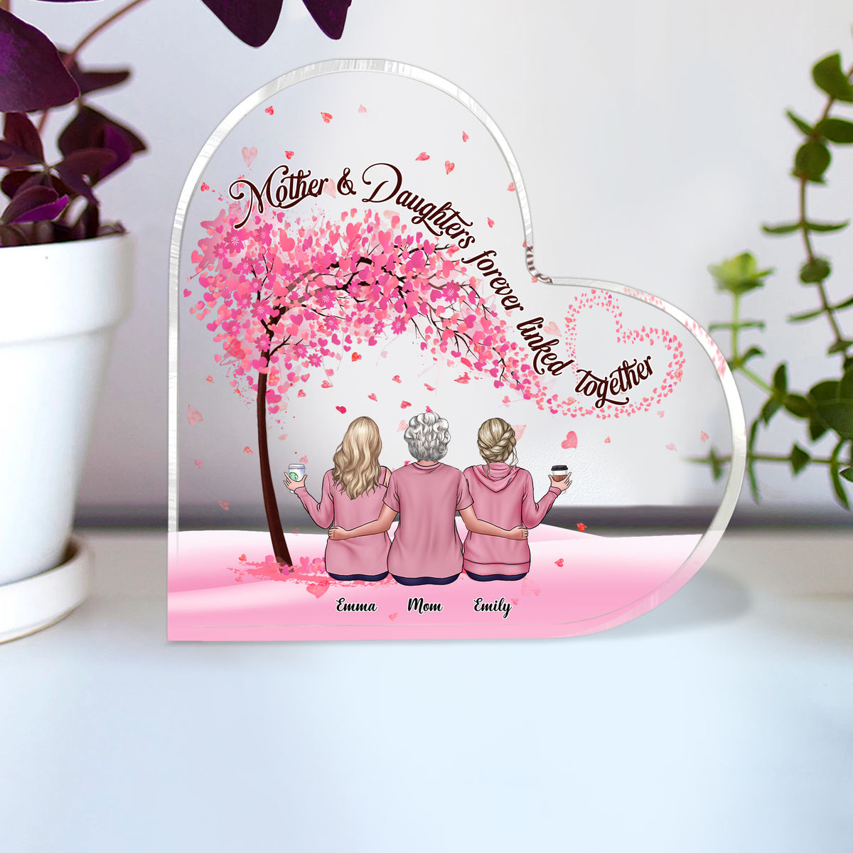 Transparent Plaque - Mother Daughters Gifts - Mother  Daughters Forever Linked Together (Custom Heart-Shaped Acrylic Plaque)_3