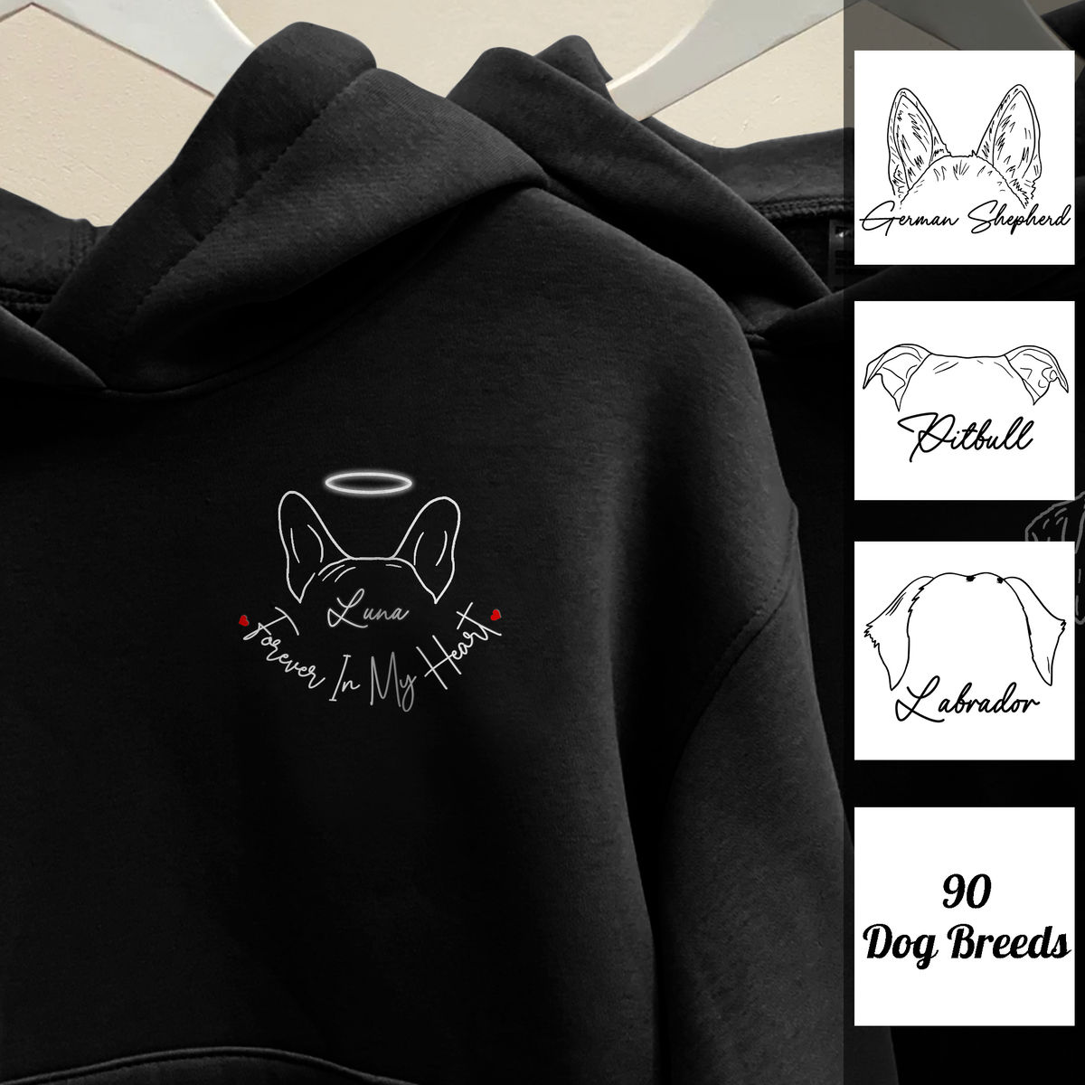Personalized Shirt - Dog Ear Hoodie (D) - Custom Shirt - Dog Memorial Hoodie - Forever In My Heart - Dog Lovers Gift (1208)