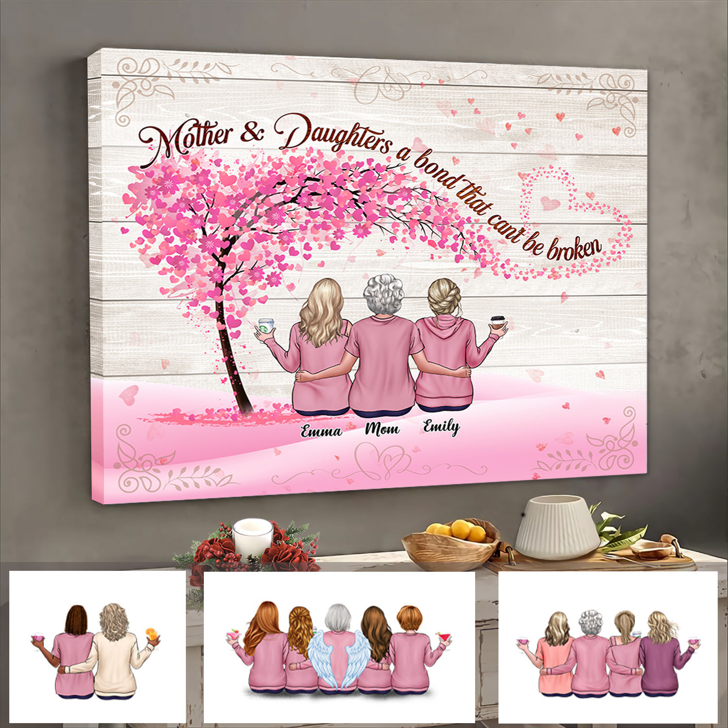 Custom Personalized Christmas Canvas - Gift for Mom and Daughters - Mother and Daughter Christmas Canvas Wall Art -  Up to 4 Daughters