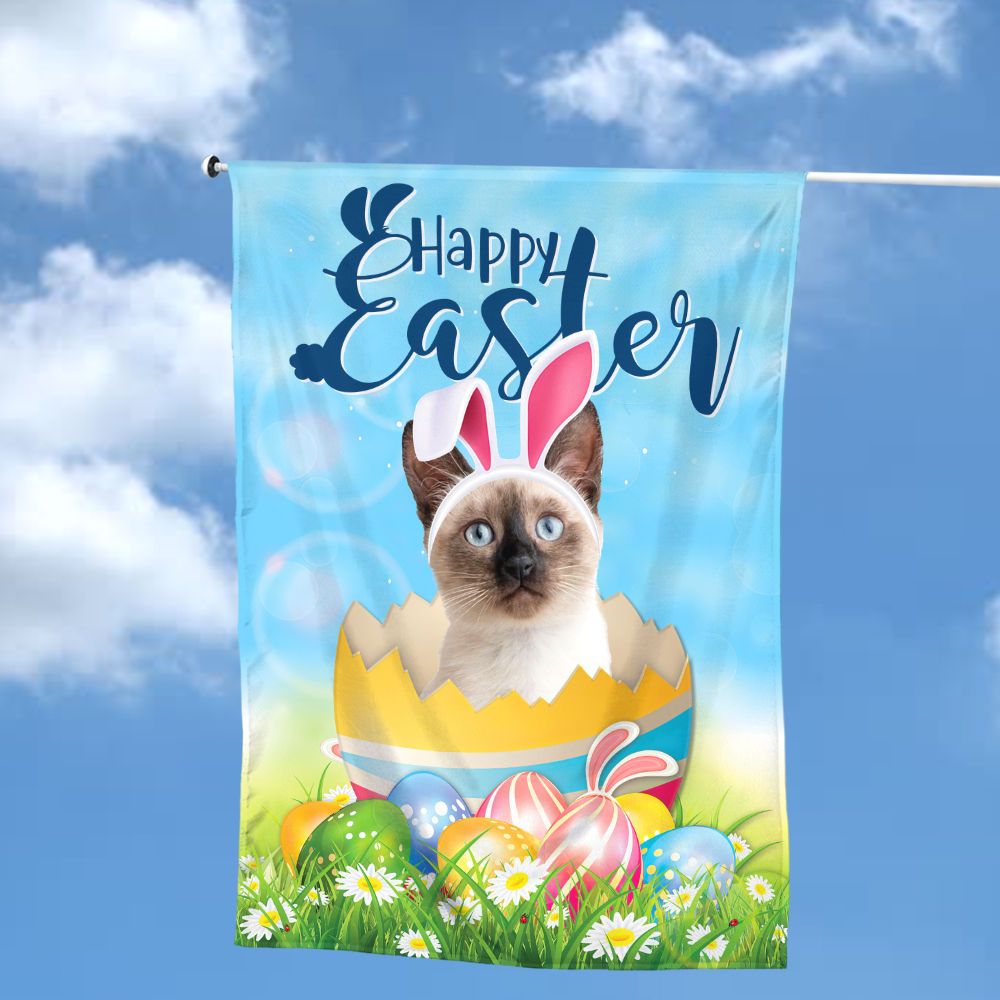 Happy Easter Day - Happy Easter Siamese Cat Flag Bunny Easter Eggs Spring Garden Flag Easter Welcome Flag 25877_1