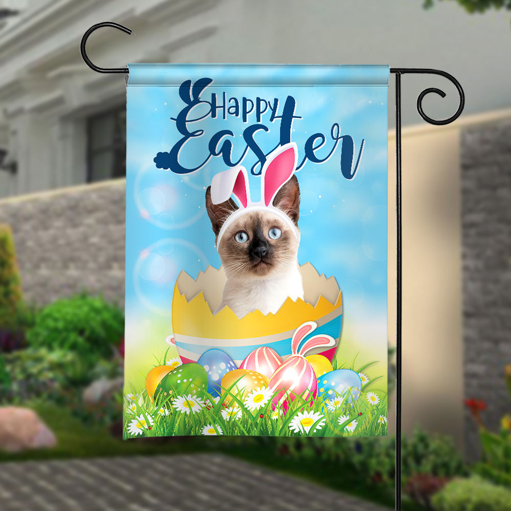 Happy Easter Day - Happy Easter Siamese Cat Flag Bunny Easter Eggs Spring Garden Flag Easter Welcome Flag 25877