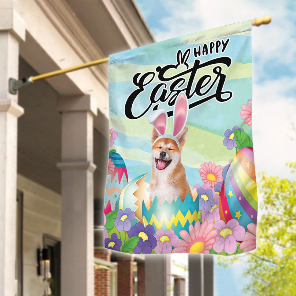 Happy Easter - Happy Easter Akita Dog Flag Dog Bunny Easter Eggs Spring Garden Flag Easter Welcome Flag_3