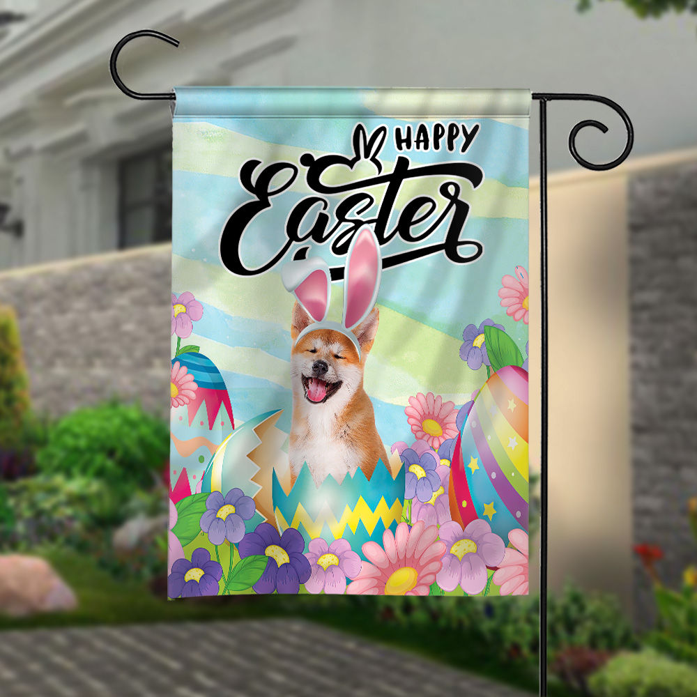 Happy Easter - Happy Easter Akita Dog Flag Dog Bunny Easter Eggs Spring Garden Flag Easter Welcome Flag_1