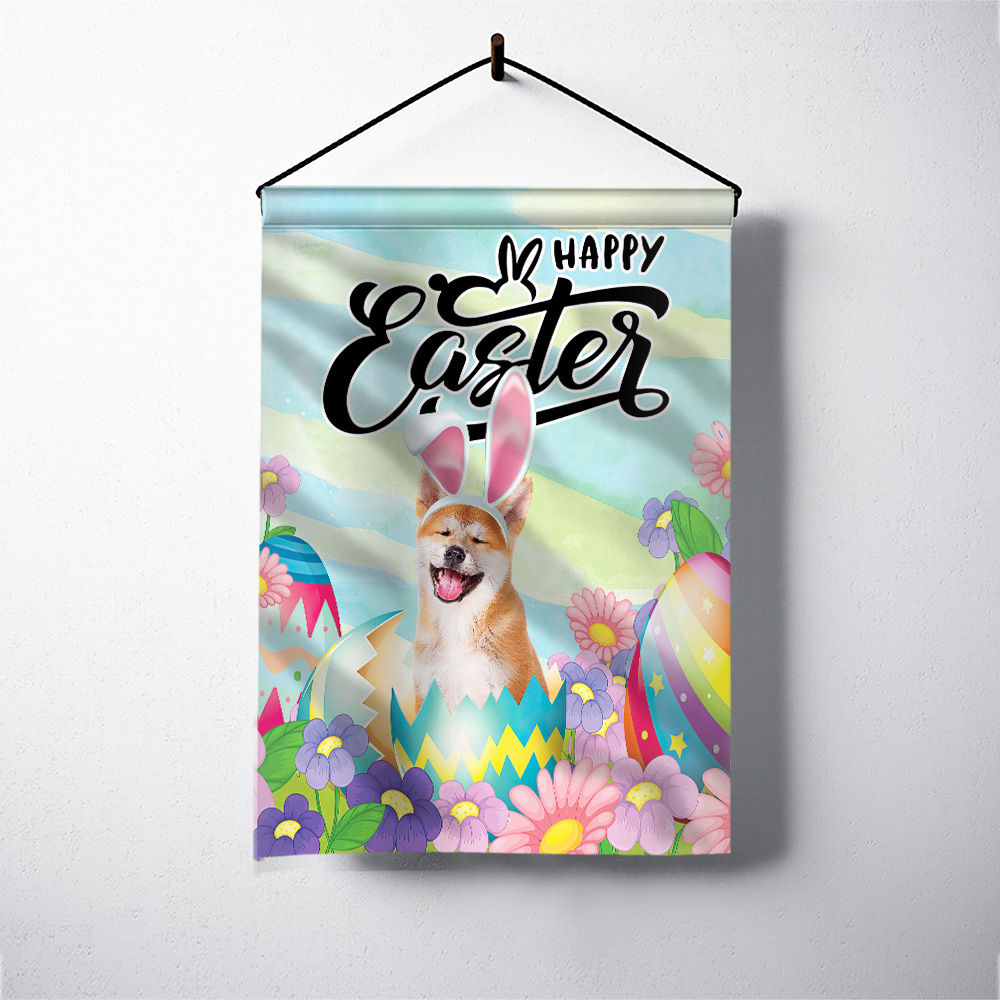 Happy Easter - Happy Easter Akita Dog Flag Dog Bunny Easter Eggs Spring Garden Flag Easter Welcome Flag
