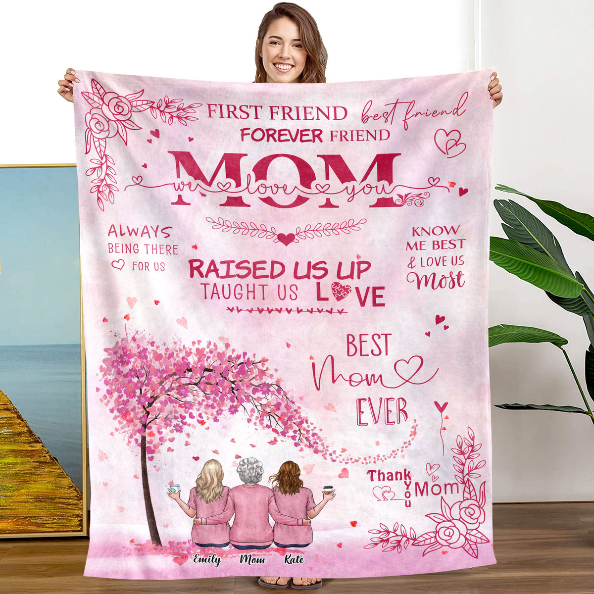 Personalized Blanket - Mother's Day Blanket - BEST MOM EVER - I LOVE YOU -  Pink (2D)