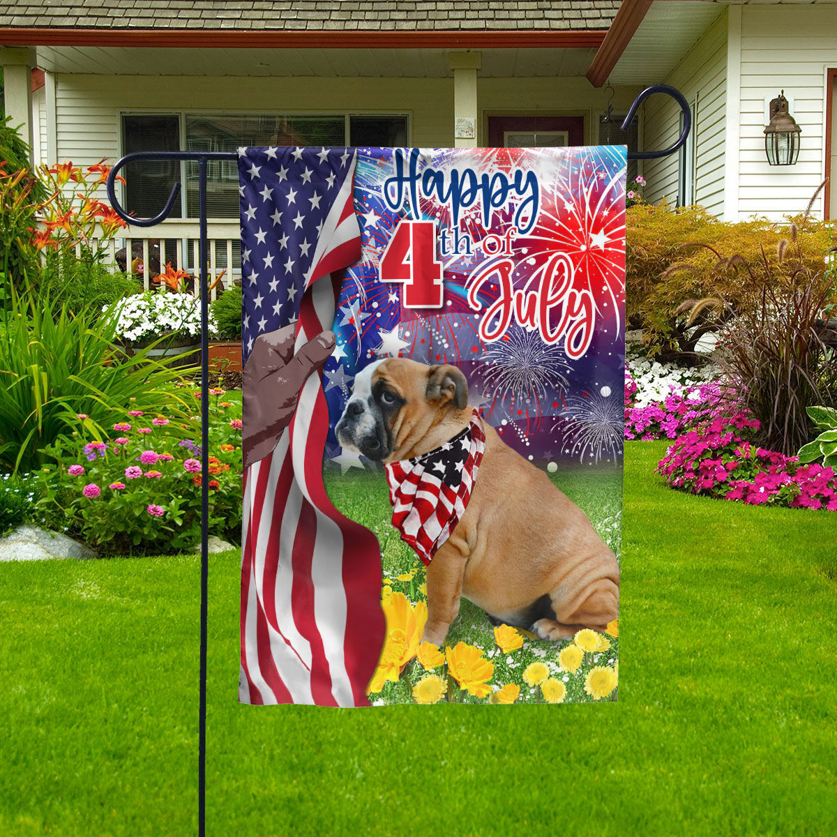 Garden Flag - Happy 4th July - Independence Day Flag, Bulldog Fourth of July, Bulldog Happy 4th July Flag, The Fourth of July, USA Patriotic Dog Flag 26951