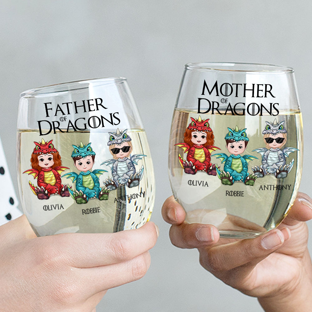 Personalized Wine Glass - Up to 6 Kids - Father/Mother/Nana/Grandpa... Of Dragons_3