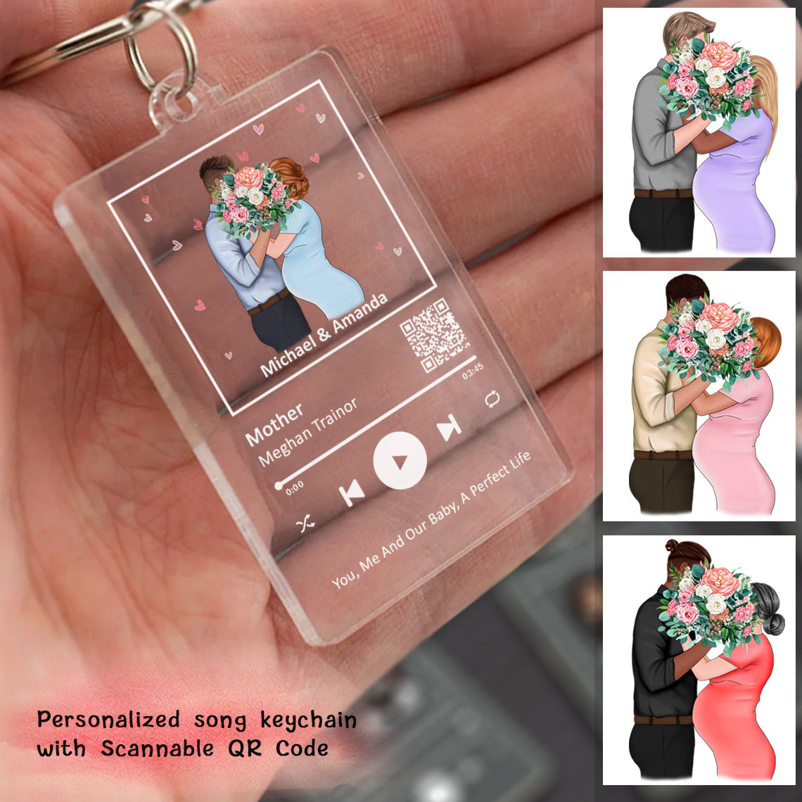 HAPPY MOTHER'S AND FATHER'S DAY - Song Keychain - Custom Your Favorite Song With Scannable QR Code - Sentimental Gift for Parents-To-Be - Personalized Keychain