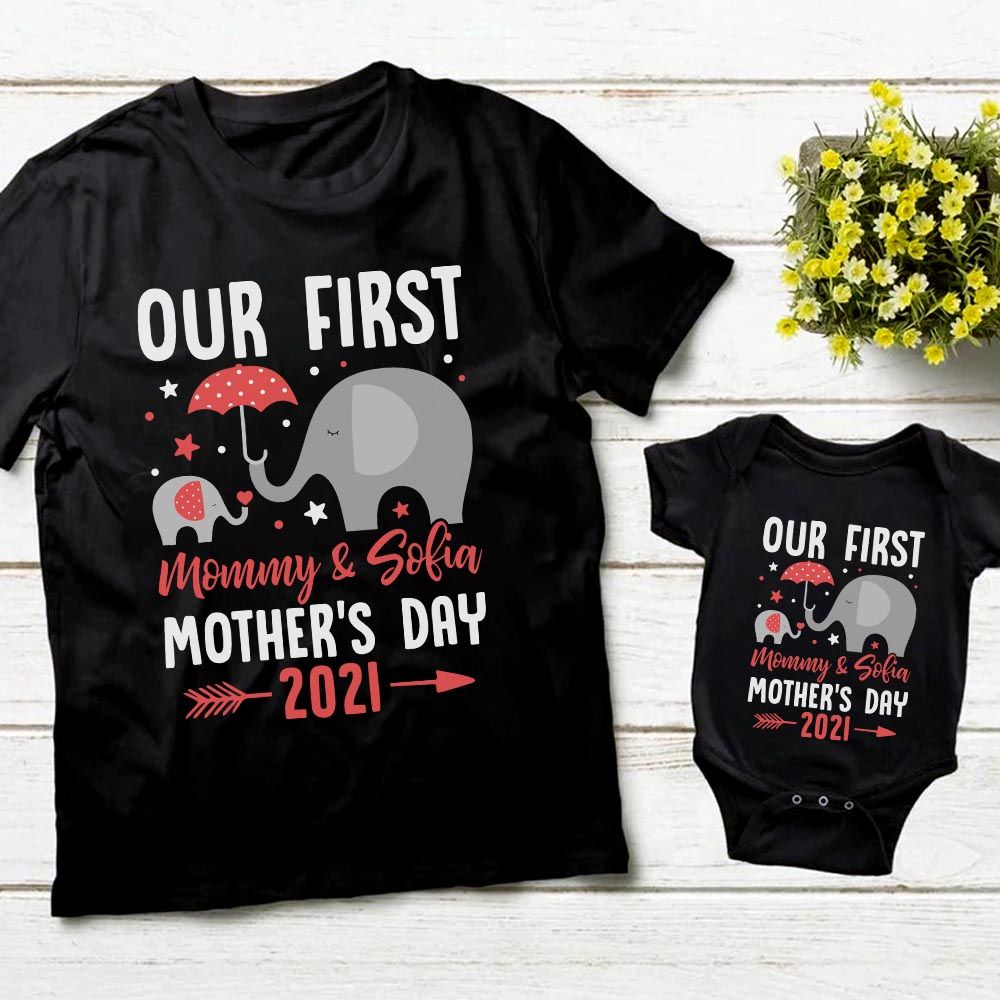 Mother's Day 2023 - Personalized Happy Mother's Day Shirt, Elephant Mom Shirt, Our First Mother's Day Shirt, Mother's Gift For Mother, New Mom Birthday Gift 28265