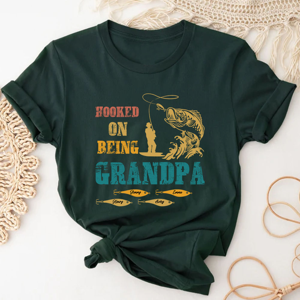 Personalized Hooked On Being Grandpa Fishing T-Shirt