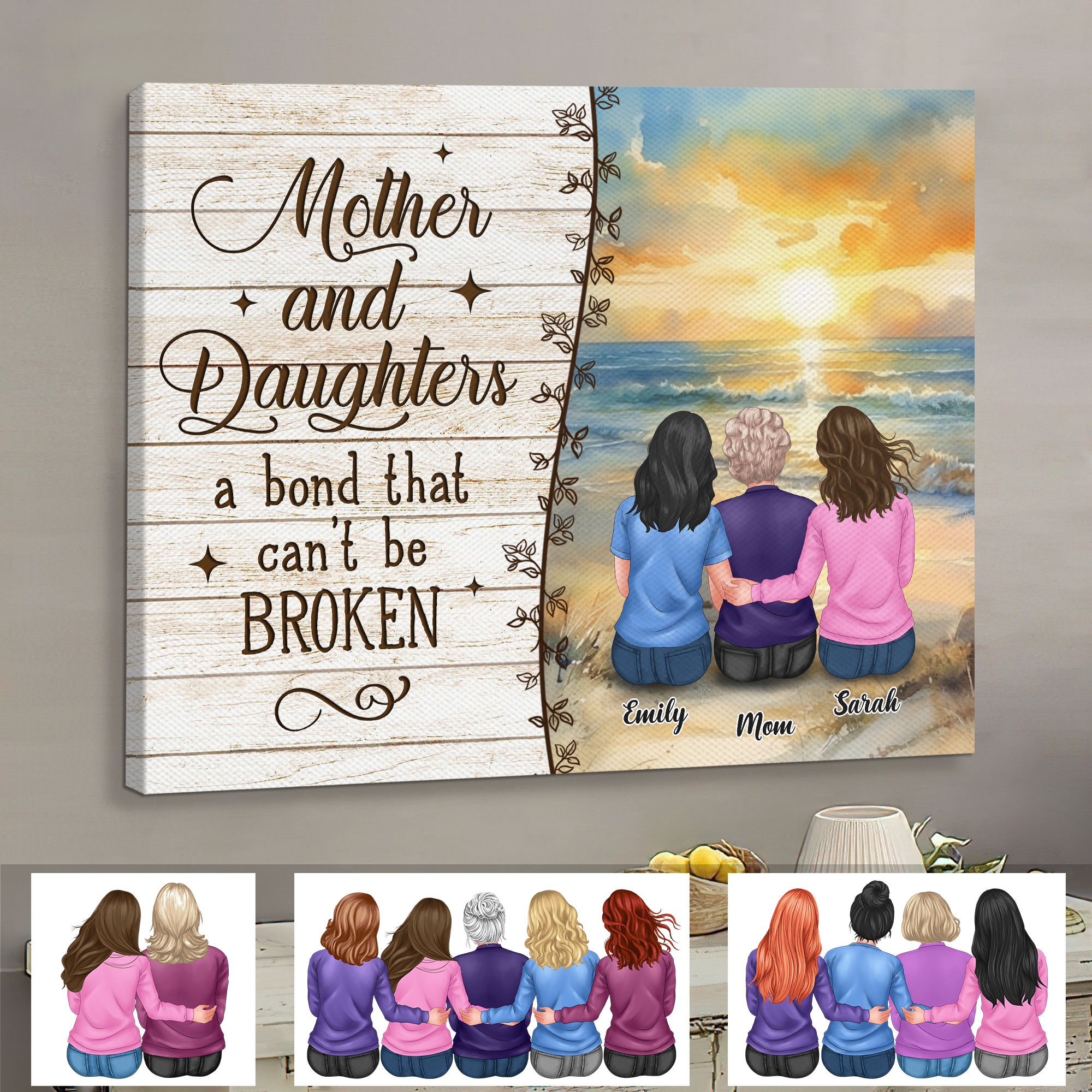 Custom Personalized Christmas Canvas - Gift for Mom and Daughters - Mother and Daughter Christmas Canvas Wall Art -  Up to 4 Daughters main image 1