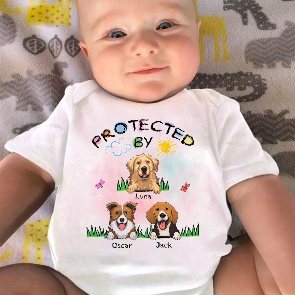 Personalized Onesie - Custom Baby Onesies - Protected By - Up to 7 Dogs