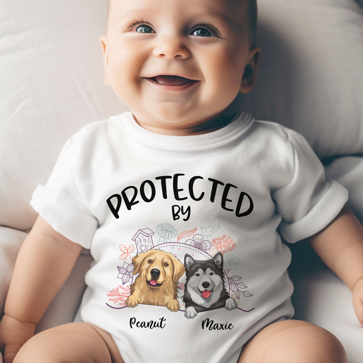 Custom Baby Onesies - Protected by Dogs (ver 2) - Personalized Shirt