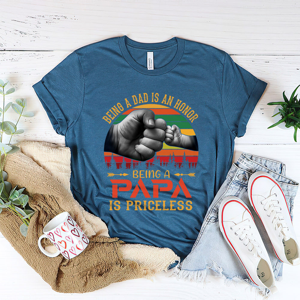 Father's Day 2023 - Being A Dad Is An Honor Being A Papa Is Priceless T-Shirt, Funny Fist Bump Dad Shirt, Best Dad Ever Shirt, Papa Kids Raised Hands Shirt, Father's Day Gift 29852