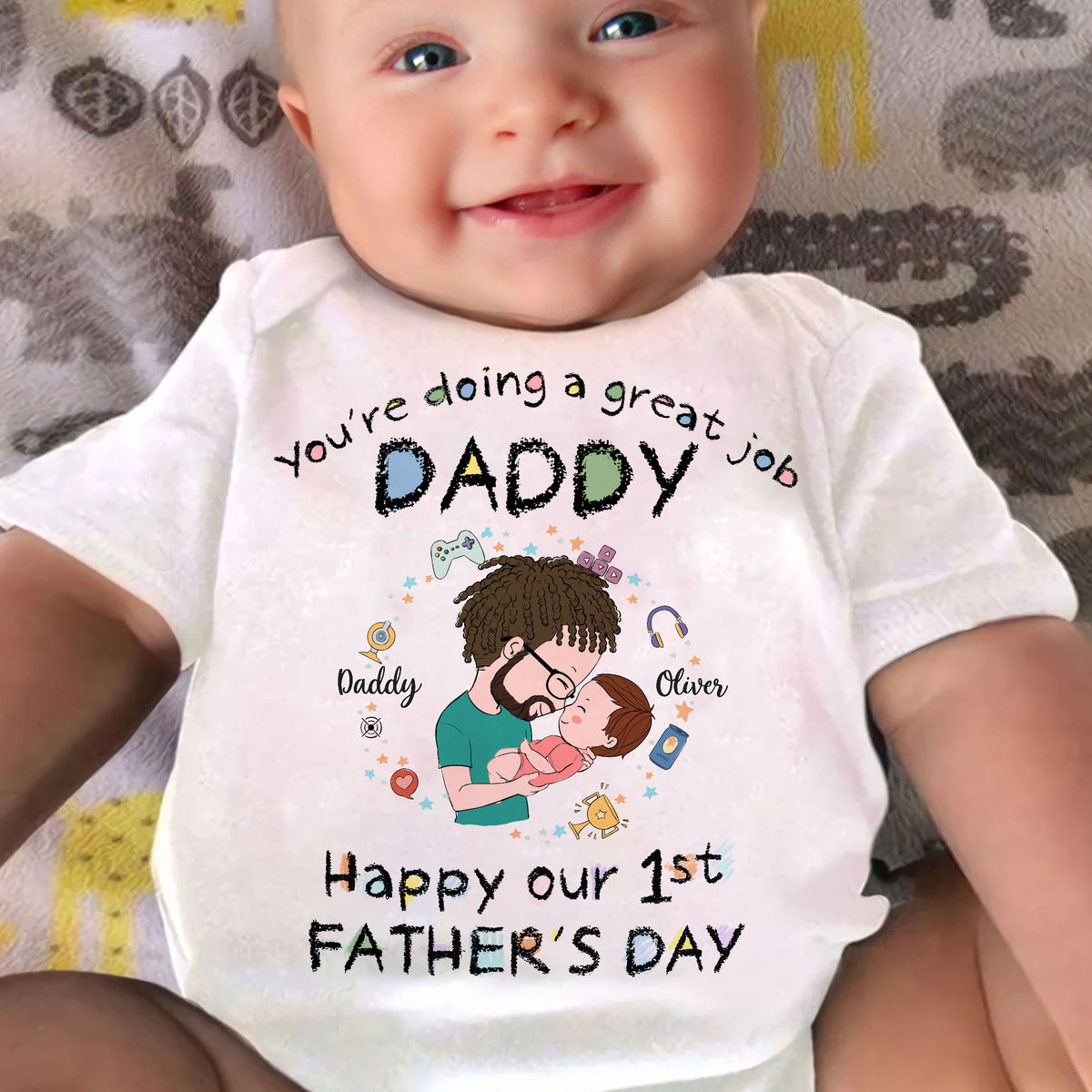 Custom Baby Onesies - You're doing a great job Daddy - Happy Our 1st Father's Day (m) - Personalized Shirt