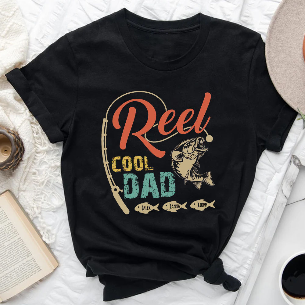 Personalized Classic Tee Black S - Father's Day 2023 - Reel Cool Dad Shirt, Father's Day Shirt, Daddy and Kids Shirt, Funny Papa Dad Shirt 30316
